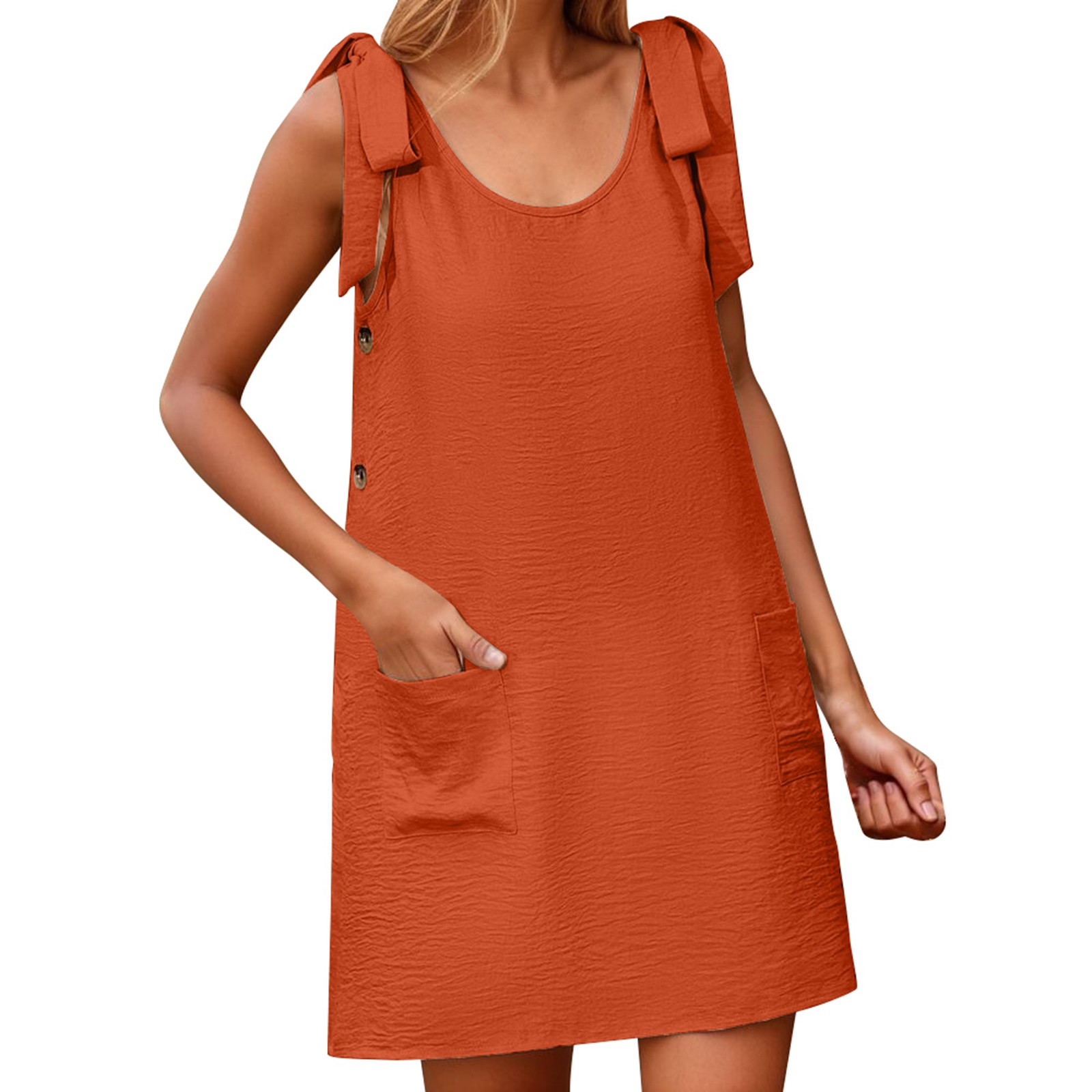thumbnail image 1 of Vestido informal liso sin mangas con cuello en U para mujer: túnica elástica y fluida para el verano, poliéster y spandex, versátil para el día a día., 1 of 2